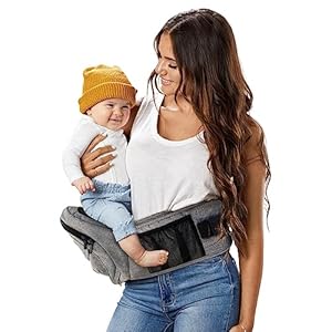Tushbaby Safety-Certified Hip Carrier for Babies & Toddlers: Machine Washable Child Waist Seat for One Hand Support with Multi-Pocket Storage (23”-44” Waist, Holds Kids 0-3 yrs up to 45lbs) – Grey