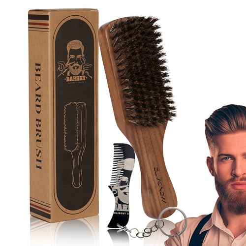 Walnut Wood Boar Bristles Beard Brush Kit for Men, Beard Grooming & Hair Styling Quiff, Pompadour, Slicked-back, Undercut, Straightens & Promotes Beard Growth - Works with Beard Oils and Balms