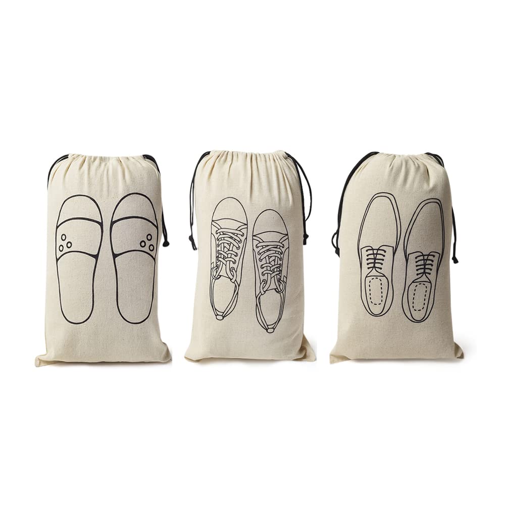IVILLAGEPremium Reusable and Washable 100% Pure Cotton Fabric Shoe Covers/Bags with Drawstring Closure|Handcrafted Doodle Collection|Ideal for Travel, Home and Storage|Pack of 3|Off-White|Male