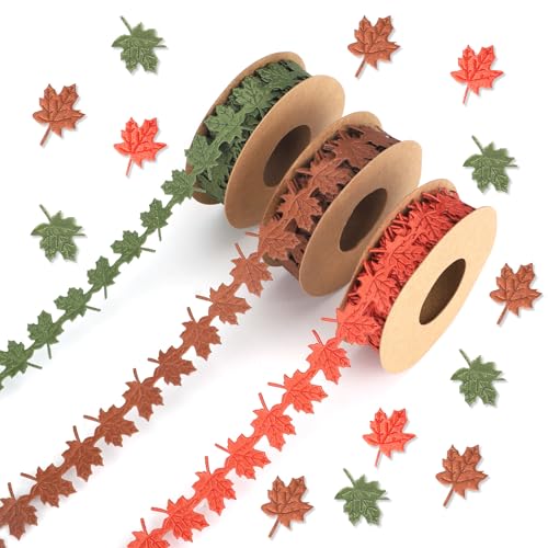 3 Rollos Hoja Arce Cinta Otoño, 13,72m Cintas Acción Gracias Marrón Naranja Verde Adorno Otoñal Arce para Manualidades DIY Envoltura de Regalo Decoración Estacional Festival Cosecha