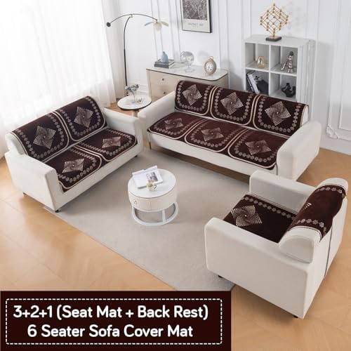 Image of HOKIPO Sheesh Brown Premium Chenille Jacquard Sofa Cover 6 Seater Set - Washable 3+2+1 Sofa Panel for Seat & Back | 'Royal Aangan Series' (IN-1008 * 2 + IN-1007 * 2 + IN-1006 * 2-L5)