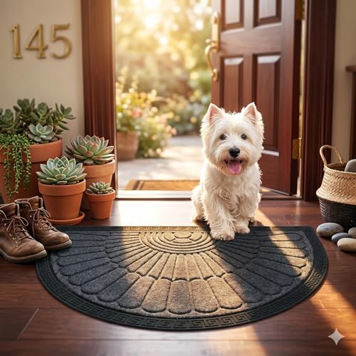 Image of Half Round Door Mat for Entryway - Non-Slip Semi Circle Welcome Mat for Front Door, Indoor Outdoor Doormat with Rubber Backing, Low Profile Dirt Trapper Rug for Porch, Garage - 45x75 cm