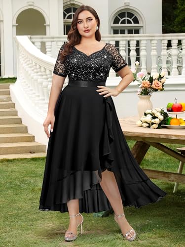 Image of Knitee Women's Plus Size Sequin Lace Sweetheart Neck Ruffled Hemline Formal Evening Maxi Dresses