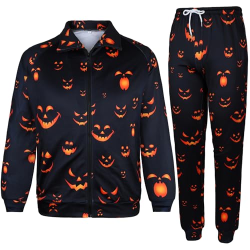 Image of Arssm Men Halloween Outfits Sets Pumpkin Tracksuit Jacket and Jogger Sweatpants Cosplay Party Daily Wearing(BlackPumpkin-M)