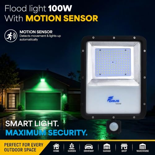 Image of Forus 100W LED Flood Light Green with Motion Sensor Auto On Off Day Night Mode Waterproof Outdoor Security Light for Garden Parking Garage Factory Warehouse High Bright Floodlight 4Yr Warranty-1Pc
