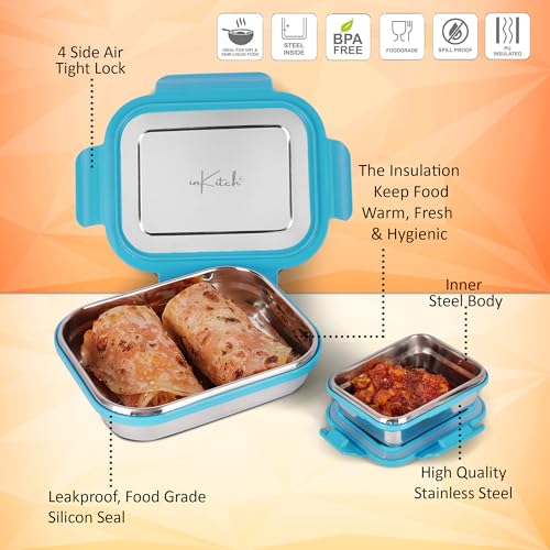 Image of Leak Proof Airtight Stainless Steel Lunch Box for Kids, 540ML + 90ML Snack Box Set, Steel Tiffin Box for School, Office & Picnic, Food Grade Durable Easy Carry Lunch Container