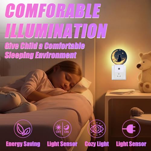 Image of Cat Moon Night Light Starry Sky Night Lights LED Lamp Round Plug into Wall Nightlight with Dusk to Dawn Sensor Home Hallway Stairway Kitchen Decor