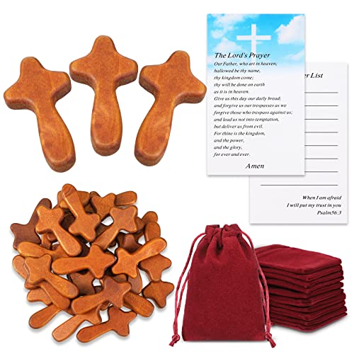 Queekay 50 Set Small Wooden Crosses in Bulk Hand Held Prayer Pocket Comfort Crosses with Velvet Pouch and Prayer Cards Christian Church Gifts 2.56'' Mini Holding Crucifix for Christmas
