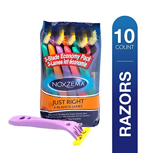 Noxzema Just Right 3-Blade Razors, 10 Count; Pivoting Head; Multicolor, Triple Blade Disposable Razors with Pivoting Head Adjust to Curves; Features Ultra-Thin Blade and Plastic Blade Covers
