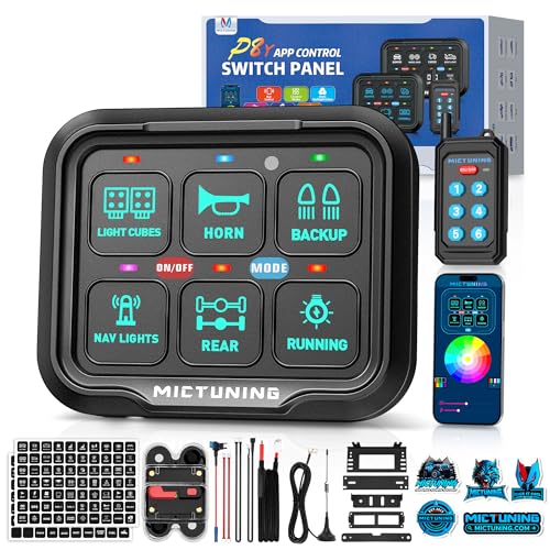 MICTUNING P8Y+ Ultra 6 Gang Switch Panel - Wireless App & 230FT Remote Control, IP67 Waterproof Auto Dimmable RGB Colors Circuit Box Toggle Switch Momentary Relay System for Truck RV Offroad Marine