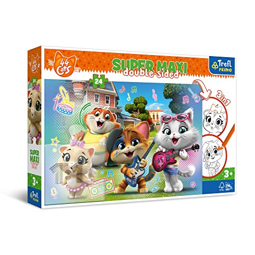 Trefl Primo - 44 Cats, Gatti Gioiosi - 3in1: Puzzle 24 Grandi Elementi, Libro da Colorare, Gioco con Elementi da Colorare, puzzle Colorati con Personaggi Fiabeschi 44 Gatti, per Bambini dai 3 anni