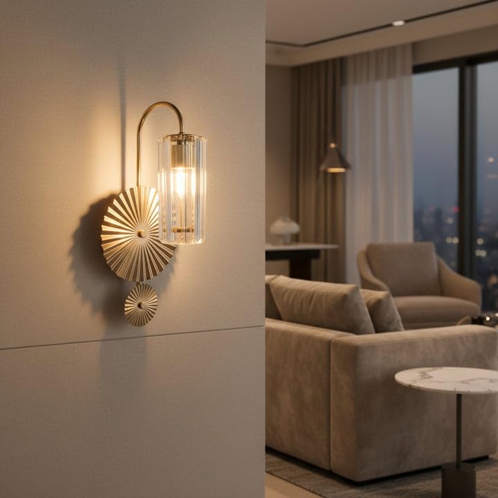 Image of CORAL TREE Luxury Crystal Sunburst Wall Light - Champagne Gold Metal Sconce, Modern Glass Designer Wall Lamp for Living Room, Bedroom & Hallway - E14 Bulb Holder, Elegant Home Decor Lighting