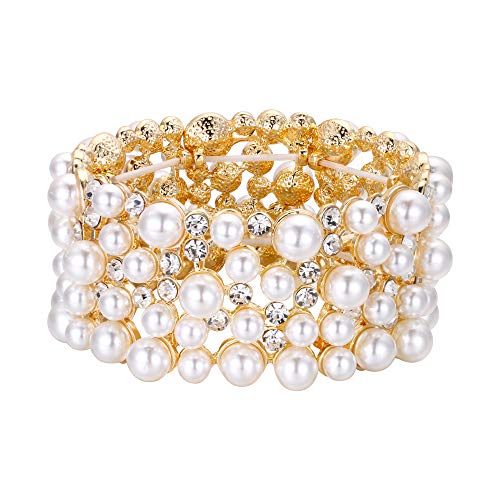 EVER FAITH Women's Crystal Simulated Pearl Stunning Bridal Wedding Hollow Elastic Stretch Bracelet