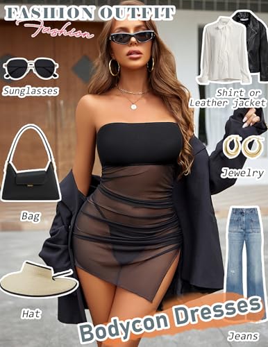 Image of Avidlove Womens Mesh Bodycon Mini Lingerie Dress Y2k Clubwear Outfits | Y2K Mesh Dress, Ruched Drawstring Waist, Sexy Side Slits, Tube Top Backless, Night Clubwear, Mini-length, Sleeveless
