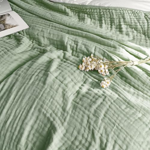 Image of SANACYNA Muslin Blankets for Adults 6-Layer Gauze 100% Cotton Green Bed Blanket Lightweight Soft and Breathable Blanket for Sofa Couch Bed Coverlet Keep Warm (Mint Green, Queen 90 inch X 90 inch)