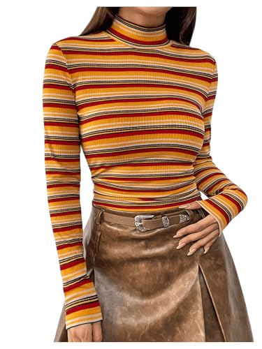 T-shirt col roulé rayé jaune pour un look d'automne chic et décontracté en ville