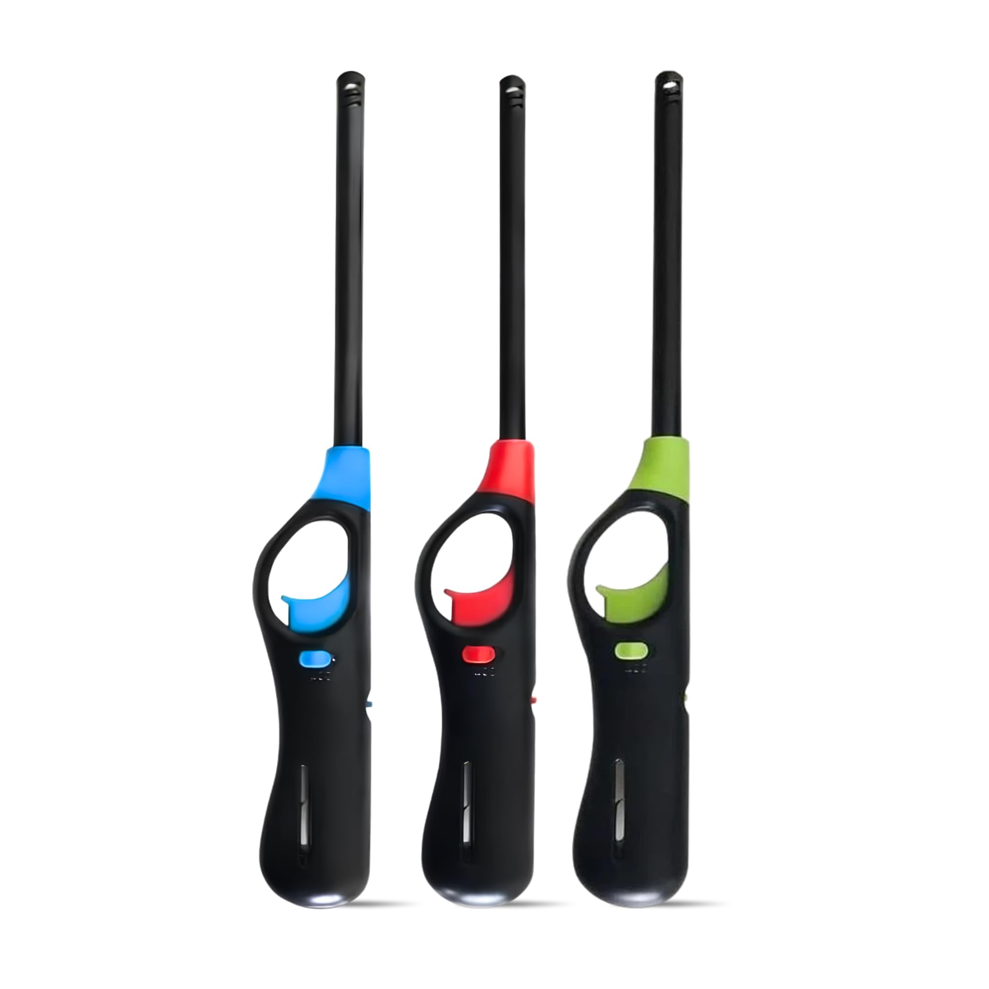 Straame 3×Refillable BBQ Lighters, Candle Lighter, Fire Lighter with Windproof Adjustable Flame & Safety Switch, Long-Neck for Hob, Grill, Fireplace, Candles, Cooking, Camping, Assorted Colours