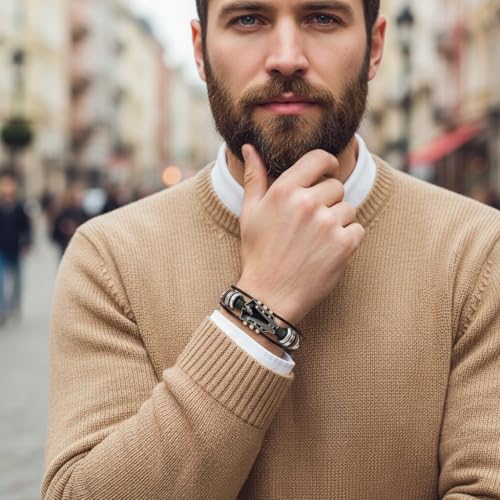 Image of GUSTAVE Bracelet for Man Women Guitar Leather Bead Braided Handmade Ethnic Tribal Cuff Multi-Layer Cords Wrap Music Shape Punk Rock Jewelry Gifts Wristband