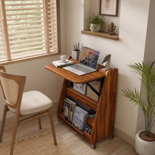 Image of Studio Kook Nora Folding Table (Study Table, Multipurpose Desk with Wheels, Engineered Wood, Matte Finish) (Amber Walnut)