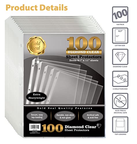 Image of GOLD SEAL 100 Count Diamond Clear Extra Heavyweight Sheet Protectors, 4 mils Strong,8.5 x 11, Top Load, 100 Pack