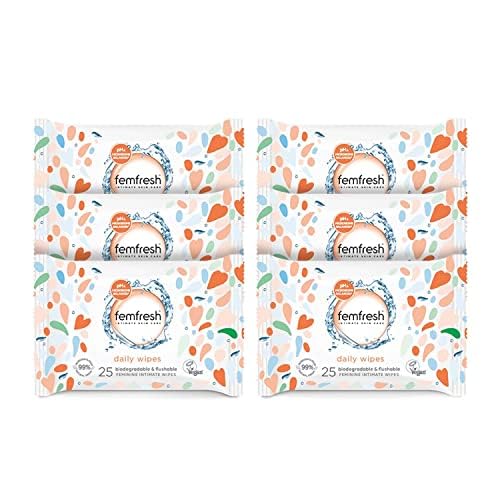 Femfresh Intimate Wipes - Flushable & Biodegradable Disposable Feminine Hygiene Vaginal Cloths with Calendula & Aloe Extracts - Freshening, Soothing, pH Balanced, Hypoallergenic – Pack of 6 x 25 Wipes