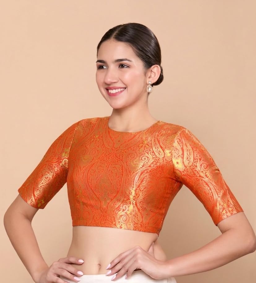 Image of Studio Shringaar Women Brocade Silky Jewel Neck Readymade Elbow Length Sleeve Saree Blouse