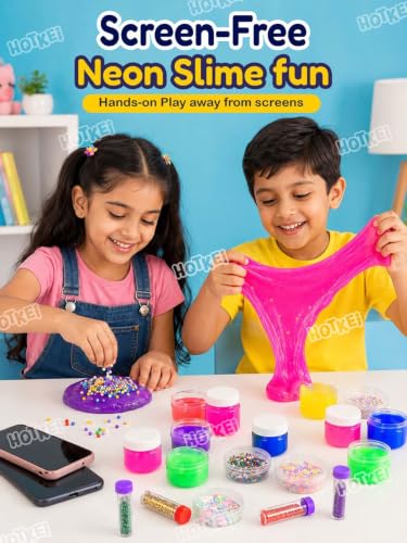Image of HOTKEI (12 Neon Slime kit) DIY Neon Colored Fruit Scented Slimy Gel Jelly Set Kit Air Dry Magical Crystal Clay Putty Toy Kit for Girls Boys Kids Slime with Glitter| Stars | Color Beads Set