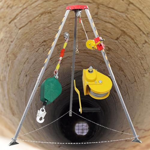 Aluminum Confined Space Tripod Emergency, Heavy Duty Rescue Tripod Hoist Bracket for Wellhead Exploration/ Manhole Vertical Entry/ Firefighting Rescuing, With Safety Harness & Fall Protection(2600lbs)