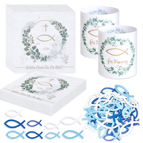 20 Pezzi Tovaglioli Eucalipto + 12 Portacandele Decorazioni Tavola + 54 Pesciolini in Legno, Set Decorazioni Tavola Verde per Battesimo, Comunione Bambino Bambina