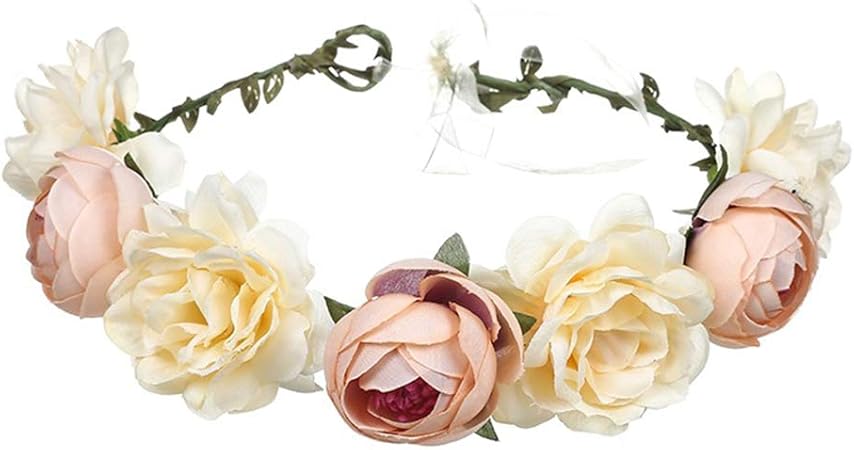 Amazon 花輪 お花の冠 花冠 造花 花飾り 美しい 子供 大人 サイズ調節可 新婦人 結婚式 写真撮影 コンサート 誕生日 お祝いな ビーチ用品な シャンパン色 ヘアアクセサリー おもちゃ