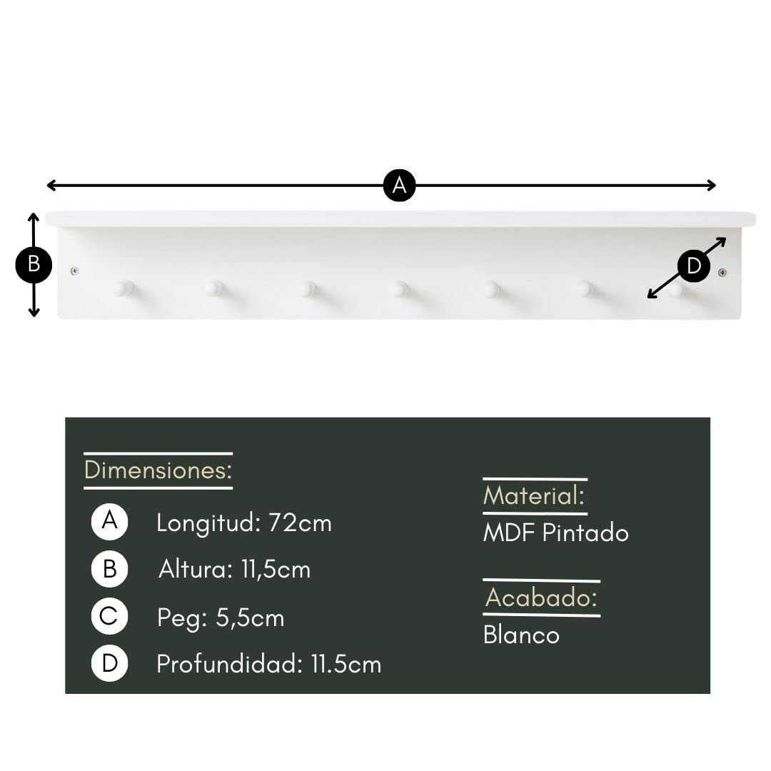 Haus Projekt Estantes de Pared con 7 Ganchos, Blanco, Fácil de Montar Perchero Pared Madera, Estanteria Baño Pared, Flotantes Cocina Estanterias Almacenaje, Baldas pour Toallas, Llaves, Decoracion