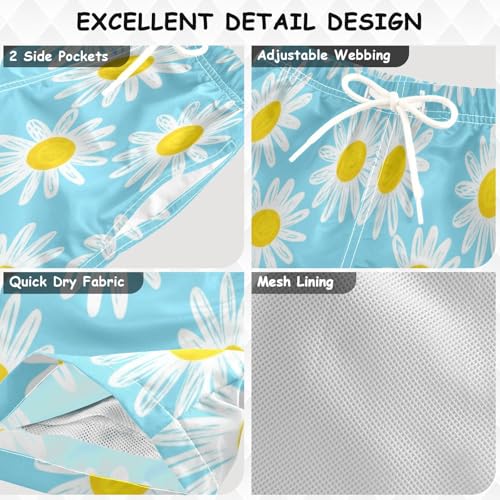 Kids Swim Trunks for Boys, Anti Chafe Swim Trunks for Boys 2 T, Daisies Light Blue3