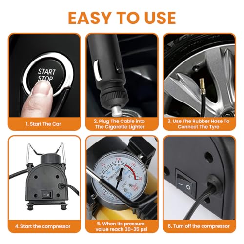 Image of MEGAAUDIO 12V DC Portable 2-In-1 Car Tyre Inflator & Air Compressor | 150 PSI Analog Pressure Gauge | 30LPM Air Flow | Durable Metal Body | 3M Power Cord & Cigarette Lighter Plug for Car,Bike & SUVs
