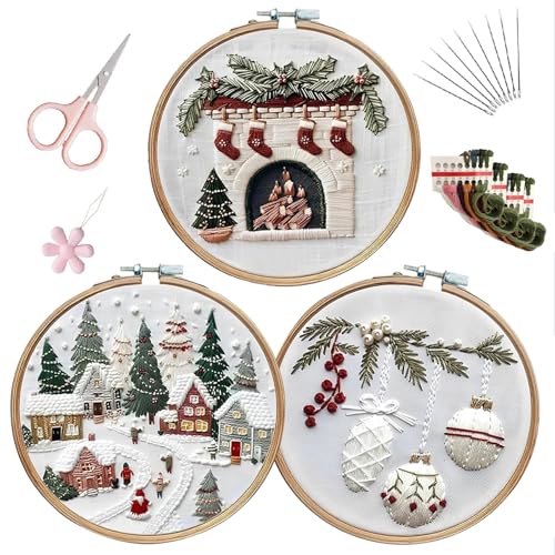 Image of LB Christmas Embroidery Kit for Beginners Adults, 3 Sets Hand Embroidery Starter Kit with Christmas Village and Instructions Stamped Cross Stitch Kits Include Embroidery Hoop Needles Threads Scissors