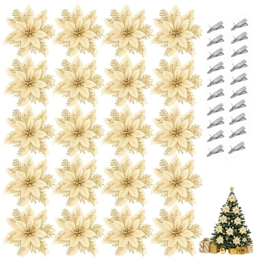 Catálogo para Comprar On-line Coronas y guirnaldas - los preferidos. 44 Balabow 20 Piezas de Flores Artificiales para Navidad con Clips, para Árbol, Corona y Guirnaldas (Oro, 20PCS*14.5CM)
