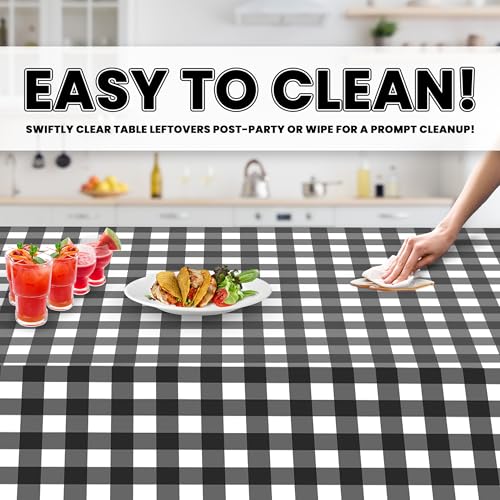 Image of Grandipity 24 Pack Premium Disposable Plastic Tablecloth 54 Inch. x 108 Inch. Decorative Rectangle Checkered Table Cover - Black Checkered Gingham