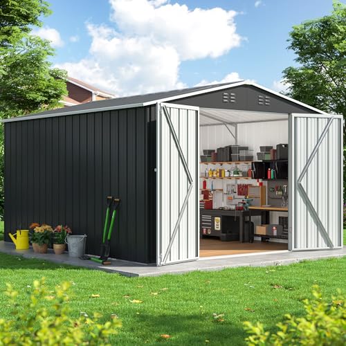 Image of DAUSOLA 8.19x12 FT Outdoor Storage Shed, Metal Garden Tool Shed with Updated Frame Structure and Lockable Doors, Ideal for Backyard Garden Patio Lawn, Grey