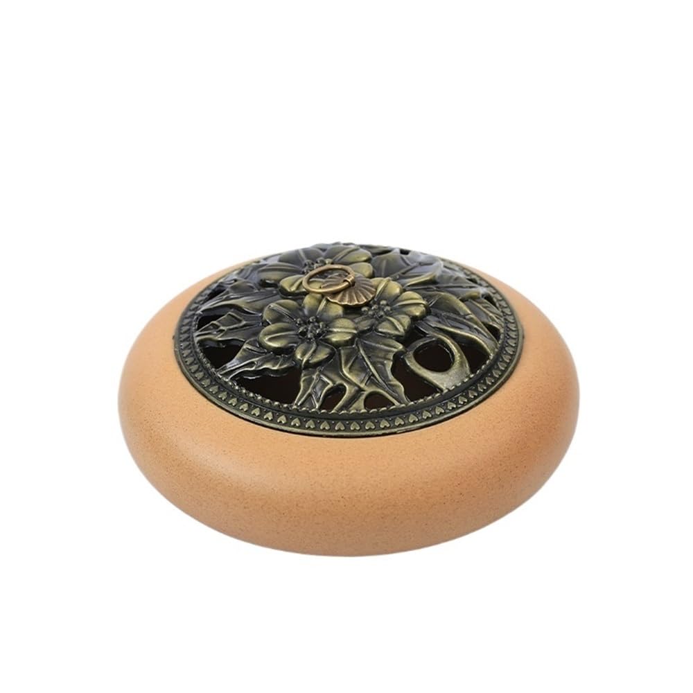 Incense Pot Creative Ceramic Incense Burner Vintage Lotus Flower Holder With Lid For Incense/Cone/Coil/Sticks(Yellow)