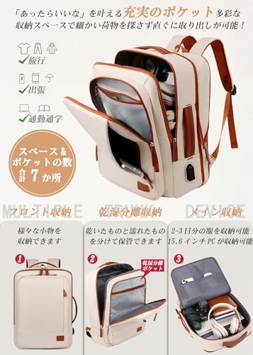 VENDAGO リュック 30L 大容量 ビジネスリュック レディース 拡張 機内持ち込み 4WAY 1つ4役 多機能 バックパック 旅行バッグ 15.6インチ PC リュックサック 撥水加工 通勤 出張 通学 乾湿分離ポケット USB充電ポート の商品画像 2