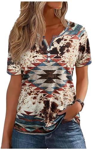 Aztec Print T Shirts Women Western Tribal Ethnic Style Short Sleeved Shirt Country Concert Tops Casual Vacation Tees