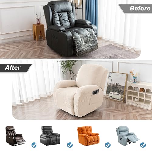 Image of Genina Recliner Chair Cover, Stretch Reclining Chair Covers, Recliner Sofa Slipcovers Stripe Jacquard Lazy Couch Covers Furniture Protector Covers for Pet Kid (Beige, 1 Seat)