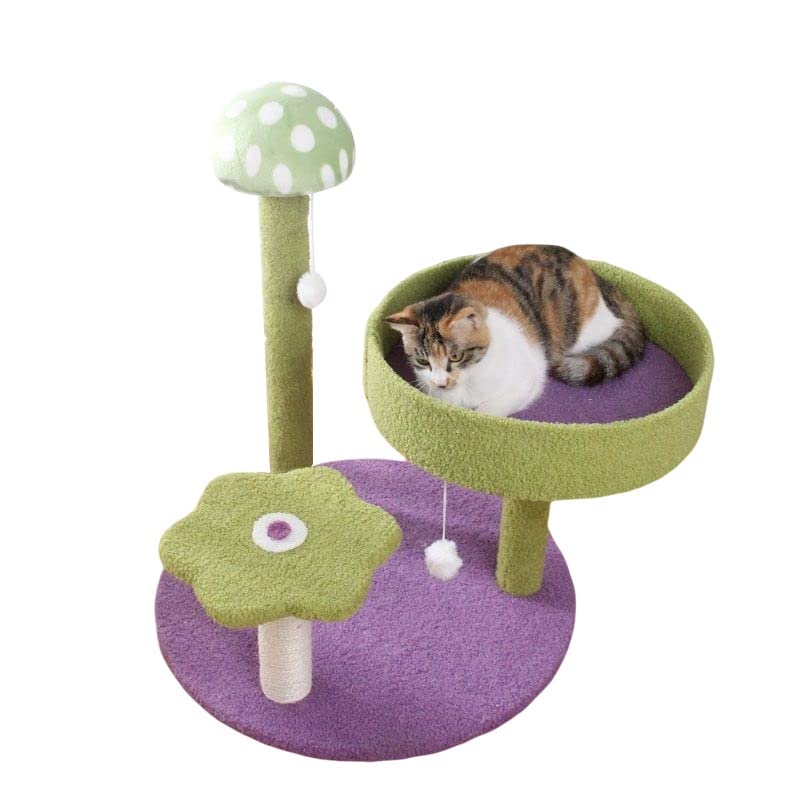 Arbre à chat champignon vert avec griffoir intégré et plateformes de jeu