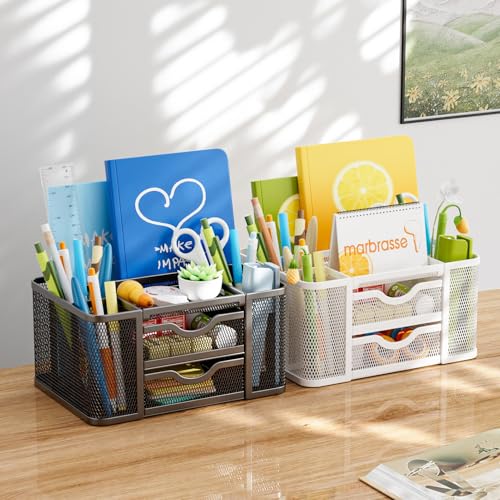 Marbrasse Mesh Desk Organiser,Pen Organiser with 2 Drawer,Multi-Functional Pencil Holder for Accessories with 5 Compartments + Drawer for Home Office Supplies(White) - Image 3