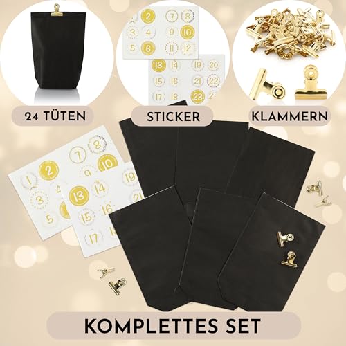 Nordstern Adventskalender zum Befüllen Schwarz Gold - DIY Geschenktüten Set mit 24 Kraftpapiertüten, goldenen Klammern und Zahlen Aufklebern