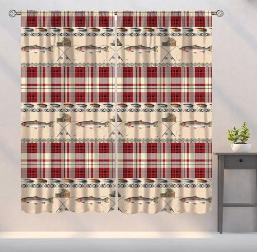 YSWOW Fishing Themed Blackout Curtains Rustic Cabin Southwestern Tartan Check Red Art Printed Window Drapes for Bedroom Living Room Kitchen Decor Fabric Set 2 Panel 52x84 Inch 80% Shading Rate