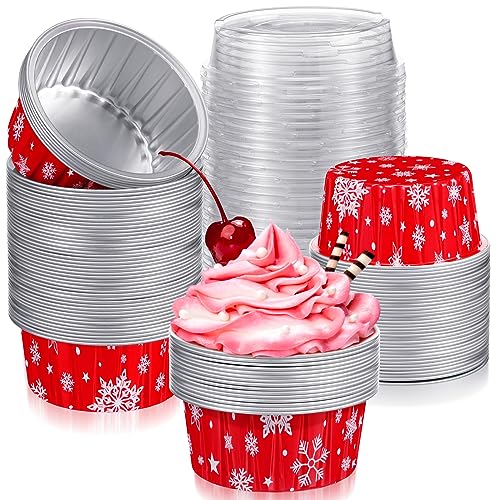 Umigy 100 Pcs Christmas Aluminum Foil Baking Cups with Lids 4.3oz Baking Liner Cups Xmas Disposable Ramekins Muffin Tins Cupcake Pan Foil Cupcake Containers for Christmas Party (Snowflake)