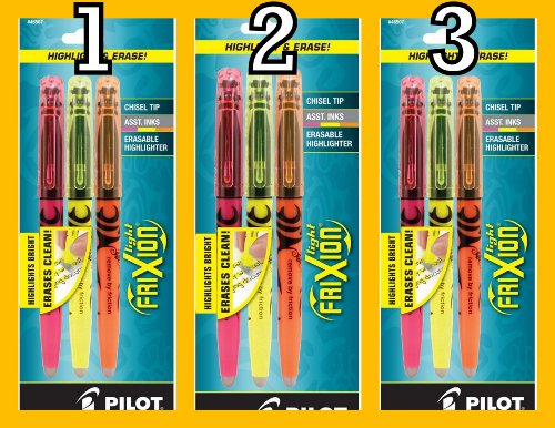 Value Pack of 3 Sets Pilot FriXion Light Erasable Highlighters, Chisel Point, 3-Pack, Assorted Colors, Yellow/Pink/Orange (46507) 9 Total highlighters