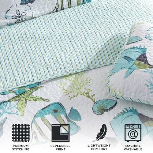 Great Bay Home Twin/Twin XL Coastal Bedding Set, Summer Coastal Quilt with Sham, Beach 2-Piece Reversible All Season Bedspread Quilt Set. Lightweight Nautical Quilted Coverlet. Blue Fish - Image 2