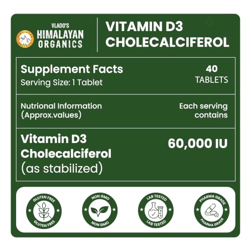 Image of Vlado's Himalayan Organics Vitamin D3 60000 IU Tablets | Cholecalciferol I Vitamin D3 60k Supplement | Vitamin D 60000 iu Tablets | Cholecalciferol Supplement 60000iu for men & women | Orange Flavour - 40 Tablets