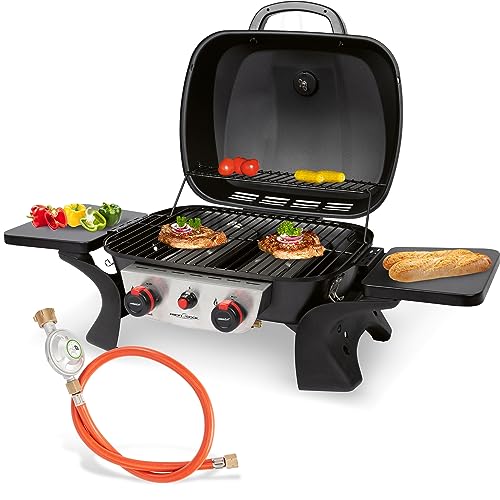 ProfiCook® Gasgrill mit 2 Edelstahlbrennern, Tischgrill inkl. Gasdruckminderer und Gasschlauch, Grill mit Stabiler Metallhaube u. Temperaturanzeige, Gasgrill klein für Balkon und Camping - PC GG 1261